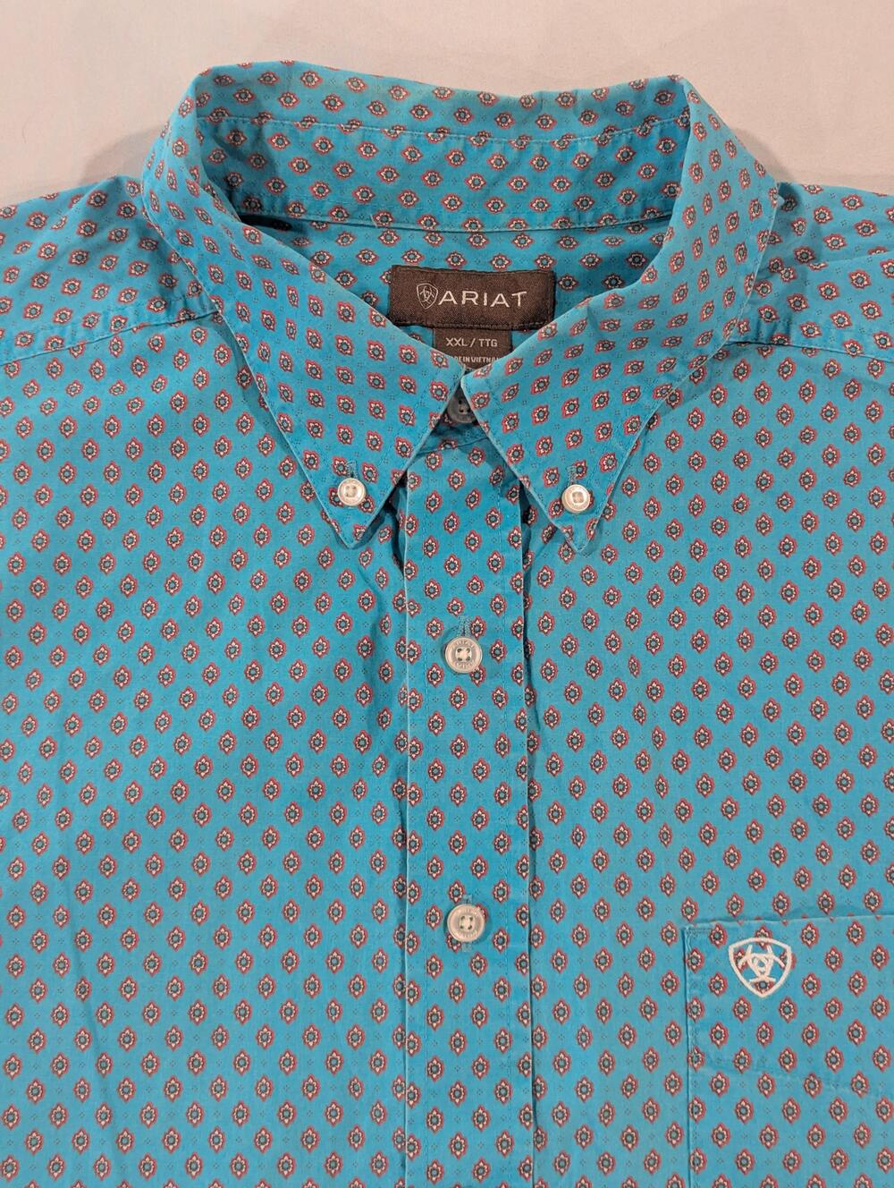 Ariat Shirt Mens 2XL Blue Floral Short Sleeve Button Up Western Pockets Casual